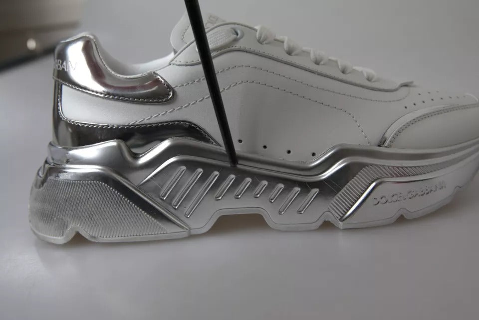 Dolce & Gabbana White Silver Daymaster Leather Sneakers Shoes - SMARTMARTNZ