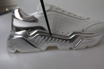 Dolce & Gabbana White Silver Daymaster Leather Sneakers Shoes - SMARTMARTNZ