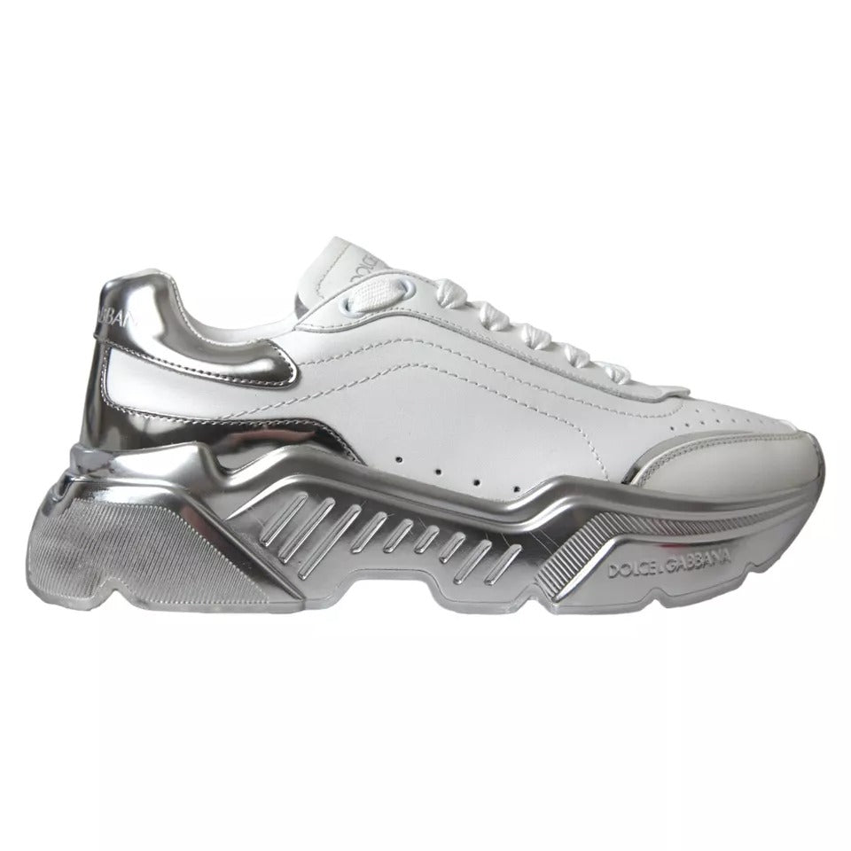 Dolce & Gabbana White Silver Daymaster Leather Sneakers Shoes - SMARTMARTNZ