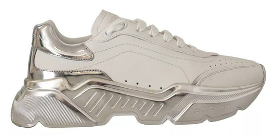 Dolce & Gabbana White Silver Leather Daymaster Sneakers Shoes - SMARTMARTNZ
