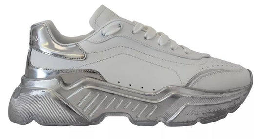 Dolce & Gabbana White Silver Leather Daymaster Sneakers Shoes - SMARTMARTNZ