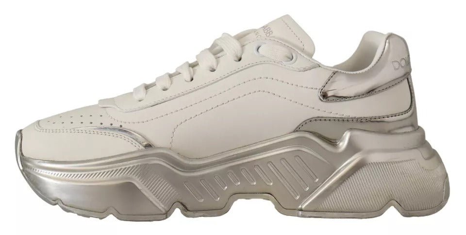 Dolce & Gabbana White Silver Leather Daymaster Sneakers Shoes - SMARTMARTNZ