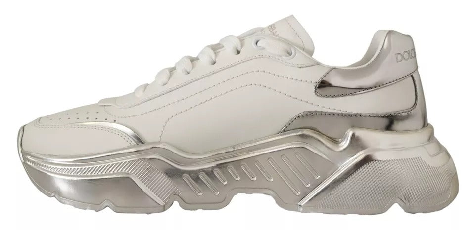 Dolce & Gabbana White Silver Leather Daymaster Sneakers Shoes - SMARTMARTNZ