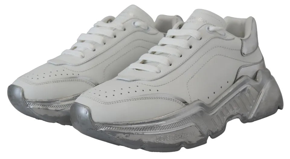 Dolce & Gabbana White Silver Leather Daymaster Sneakers Shoes - SMARTMARTNZ