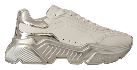 Dolce & Gabbana White Silver Leather Daymaster Sneakers Shoes - SMARTMARTNZ