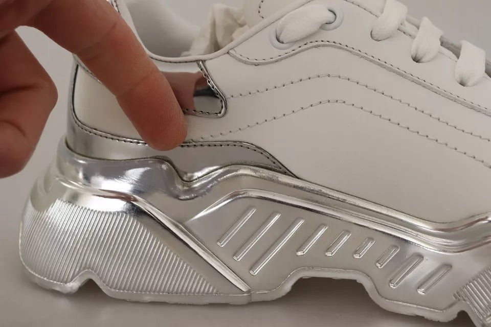 Dolce & Gabbana White Silver Leather Daymaster Sneakers Shoes - SMARTMARTNZ