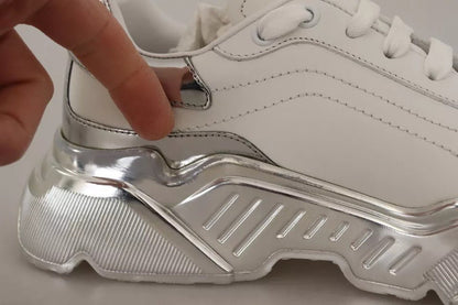 Dolce & Gabbana White Silver Leather Daymaster Sneakers Shoes - SMARTMARTNZ