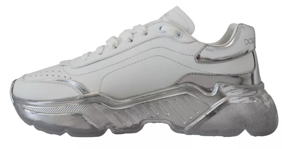 Dolce & Gabbana White Silver Leather Daymaster Sneakers Shoes - SMARTMARTNZ