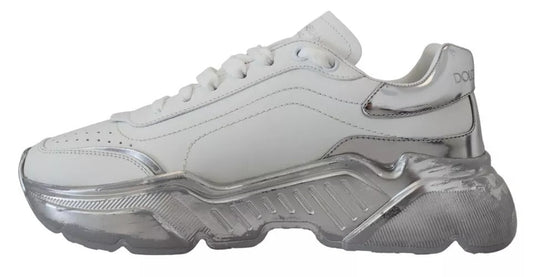 Dolce & Gabbana White Silver Leather Daymaster Sneakers Shoes - SMARTMARTNZ