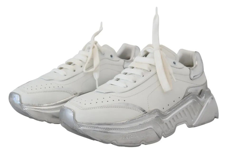 Dolce & Gabbana White Silver Leather Daymaster Women Sneakers Shoes - SMARTMARTNZ