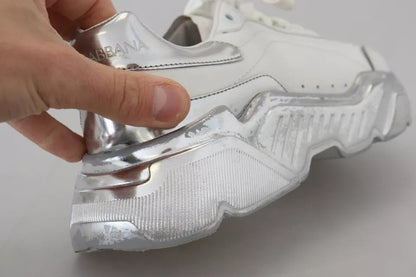Dolce & Gabbana White Silver Leather Daymaster Women Sneakers Shoes - SMARTMARTNZ