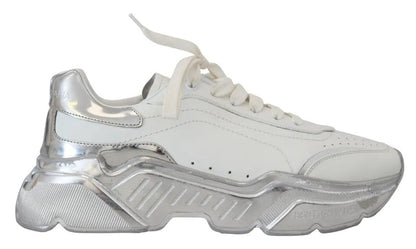 Dolce & Gabbana White Silver Leather Daymaster Women Sneakers Shoes - SMARTMARTNZ