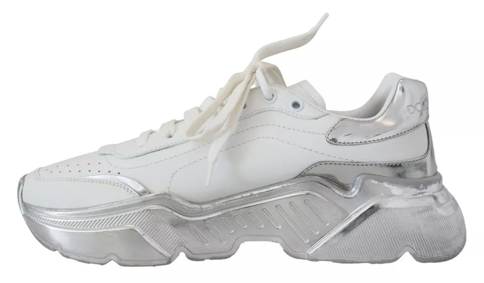 Dolce & Gabbana White Silver Leather Daymaster Women Sneakers Shoes - SMARTMARTNZ