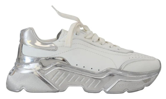 Dolce & Gabbana White Silver Leather Daymaster Women Sneakers Shoes - SMARTMARTNZ