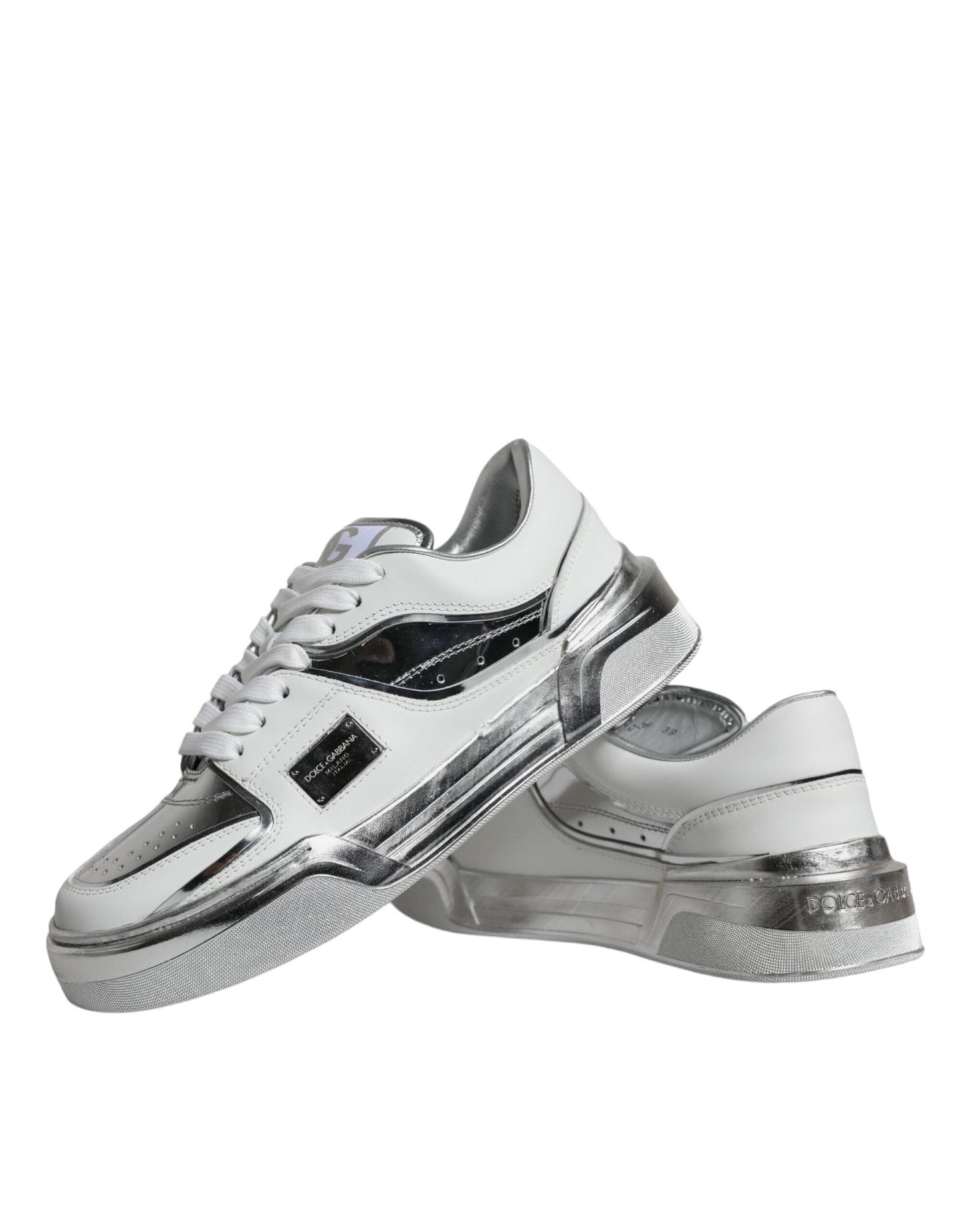 Dolce & Gabbana White Silver Leather Low Top Sneakers Shoes - SMARTMARTNZ