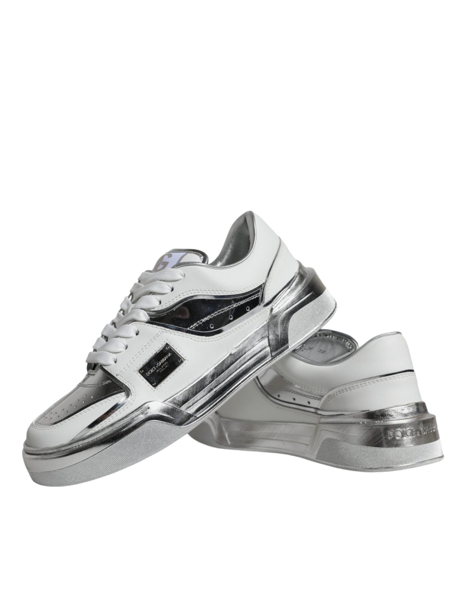Dolce & Gabbana White Silver Leather Low Top Sneakers Shoes - SMARTMARTNZ