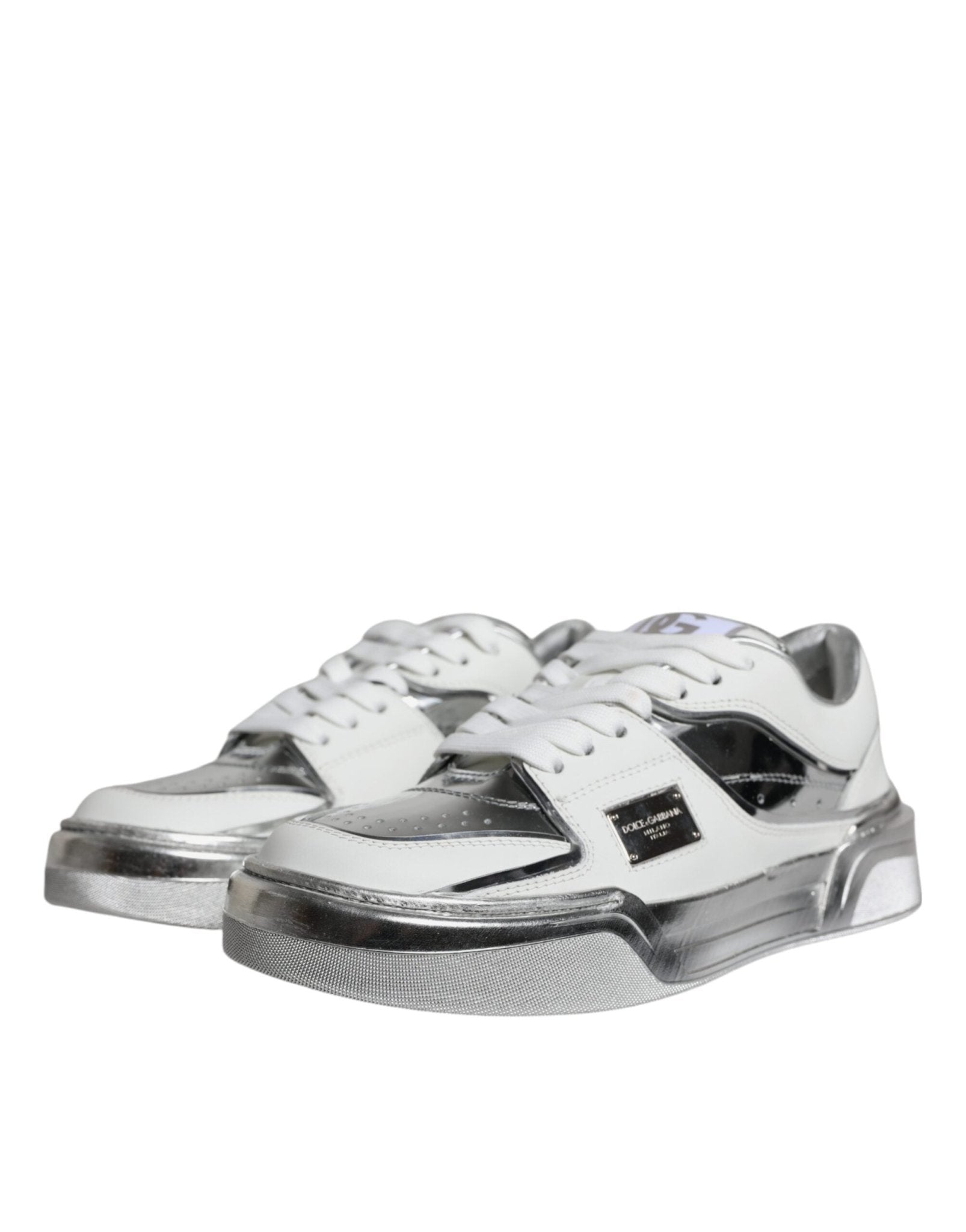 Dolce & Gabbana White Silver Leather Low Top Sneakers Shoes - SMARTMARTNZ