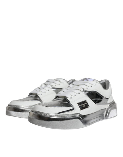 Dolce & Gabbana White Silver Leather Low Top Sneakers Shoes - SMARTMARTNZ