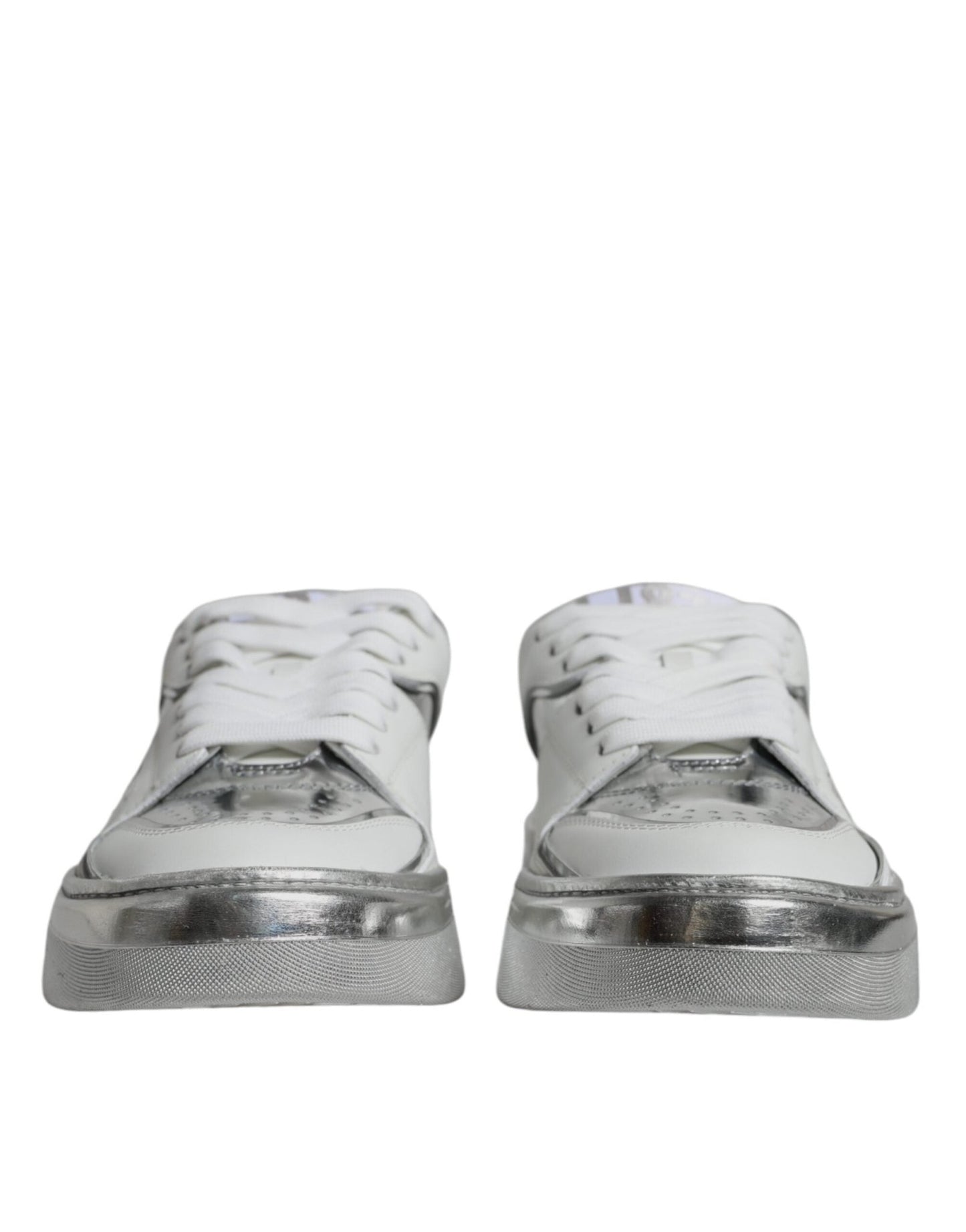 Dolce & Gabbana White Silver Leather Low Top Sneakers Shoes - SMARTMARTNZ