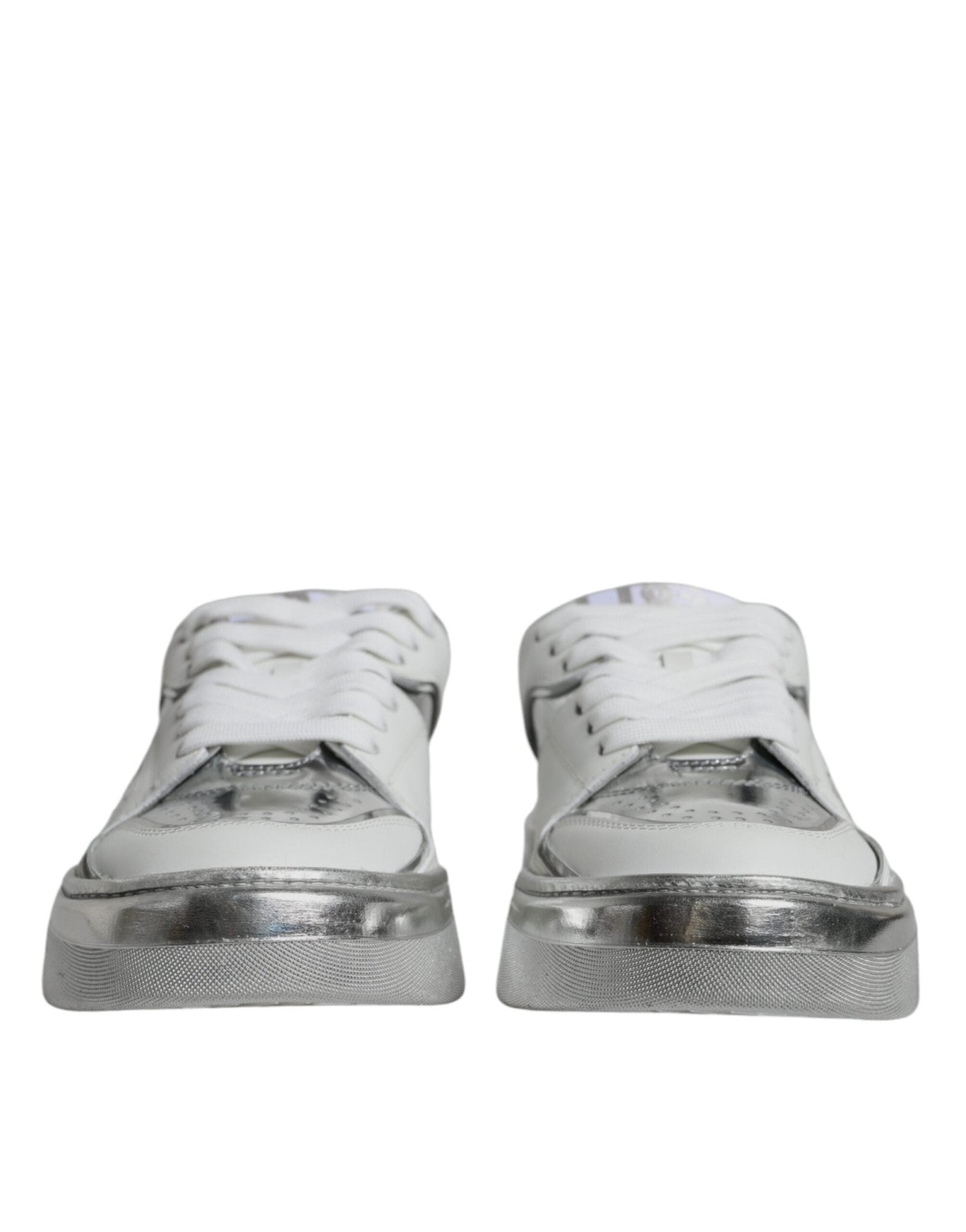 Dolce & Gabbana White Silver Leather Low Top Sneakers Shoes - SMARTMARTNZ