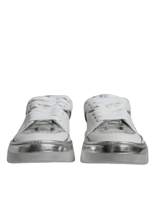 Dolce & Gabbana White Silver Leather Low Top Sneakers Shoes - SMARTMARTNZ