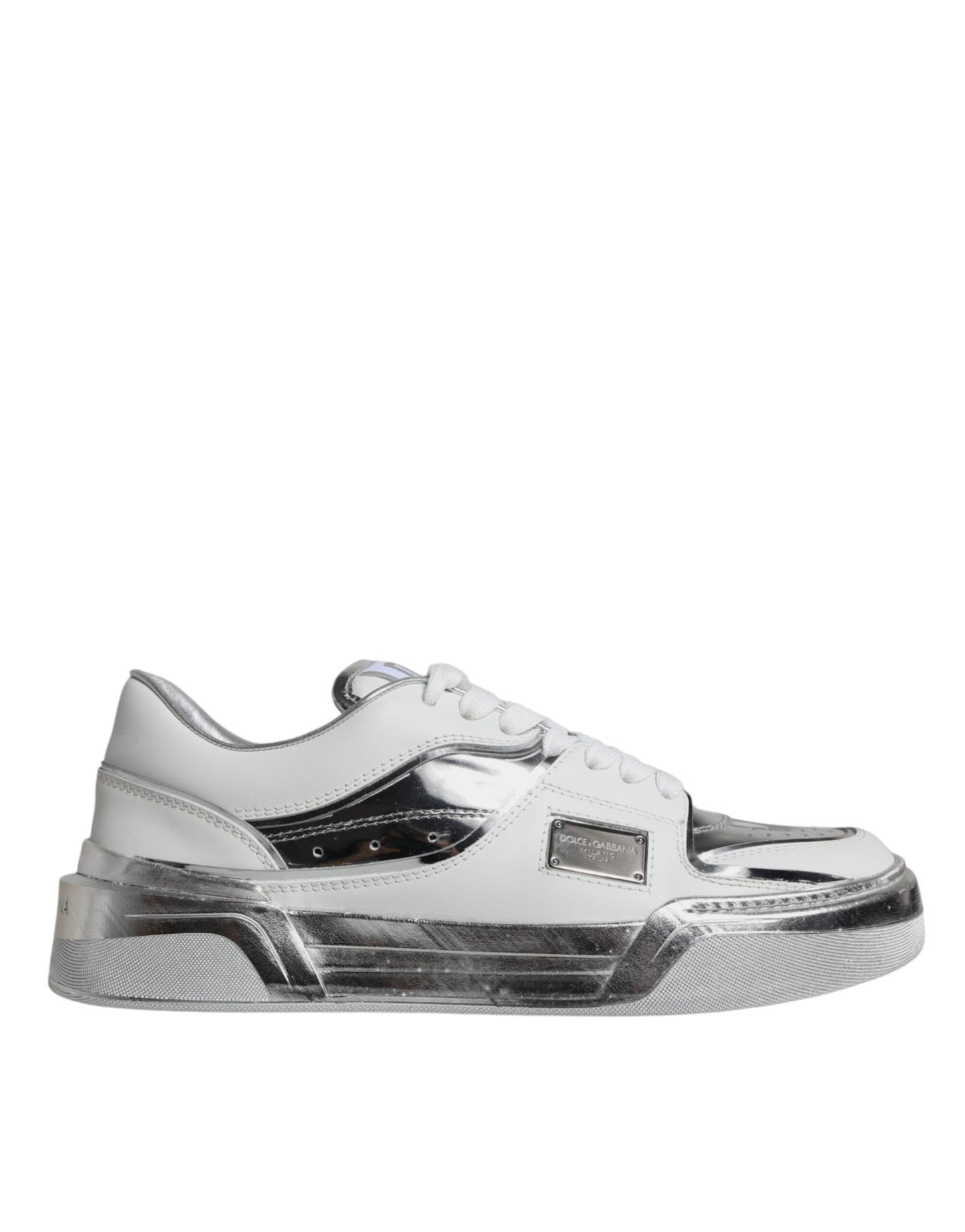 Dolce & Gabbana White Silver Leather Low Top Sneakers Shoes - SMARTMARTNZ