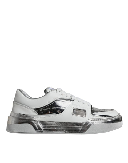 Dolce & Gabbana White Silver Leather Low Top Sneakers Shoes - SMARTMARTNZ
