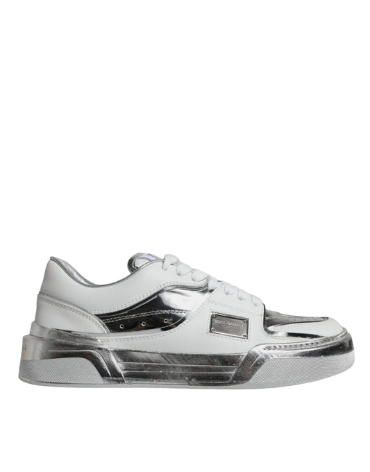 Dolce & Gabbana White Silver Leather Low Top Sneakers Shoes - SMARTMARTNZ