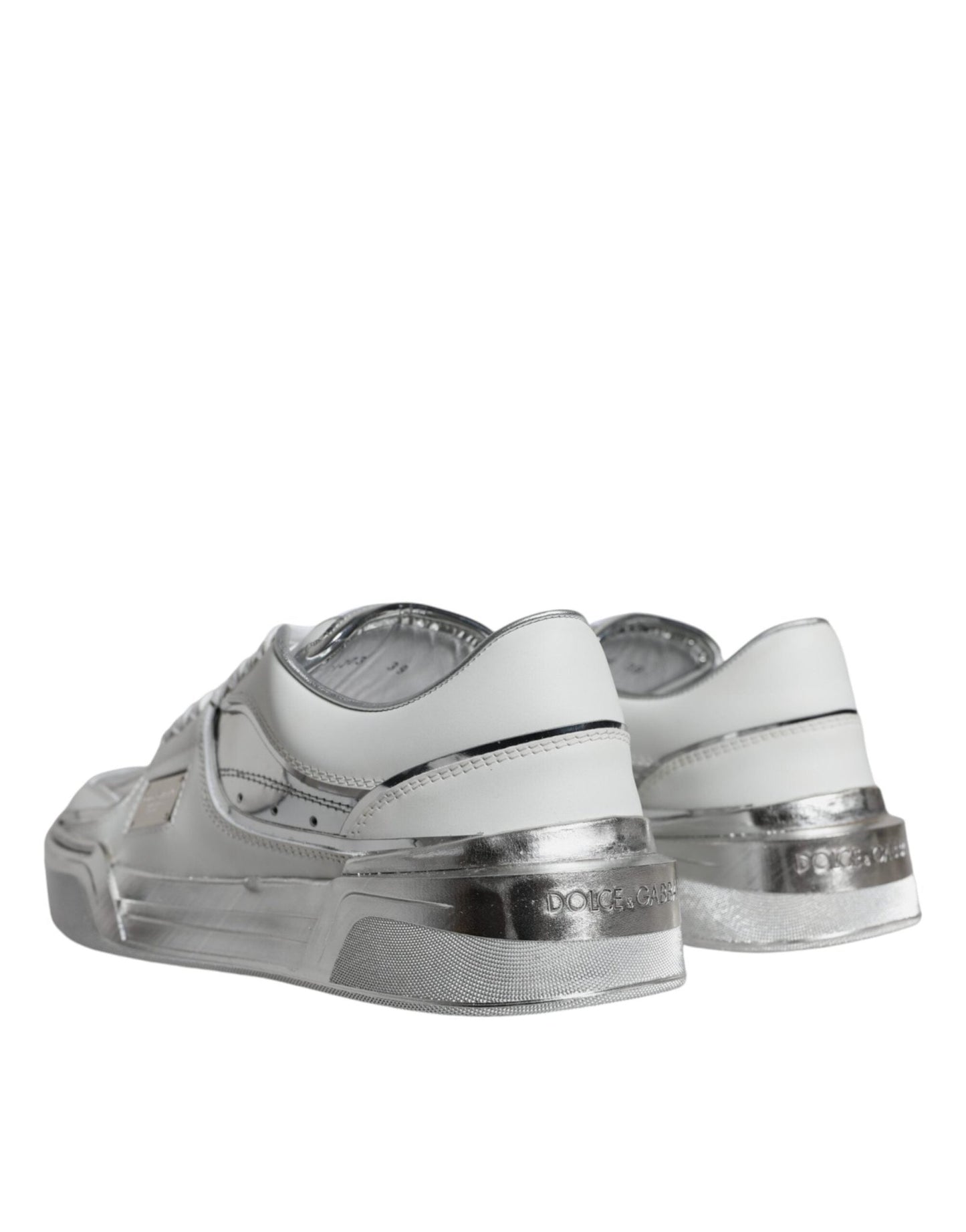 Dolce & Gabbana White Silver Leather Low Top Sneakers Shoes - SMARTMARTNZ