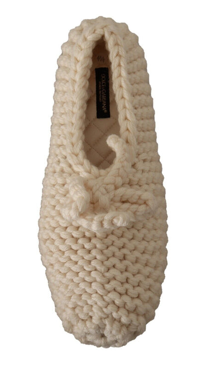 Dolce & Gabbana White Slip On Ballerina Flats Wool Knit Shoes - SMARTMARTNZ