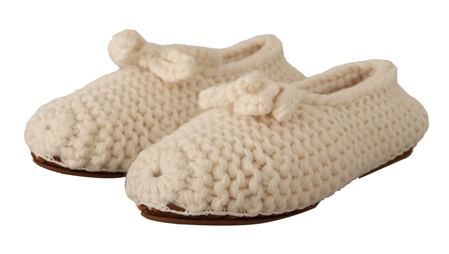 Dolce & Gabbana White Slip On Ballerina Flats Wool Knit Shoes - SMARTMARTNZ