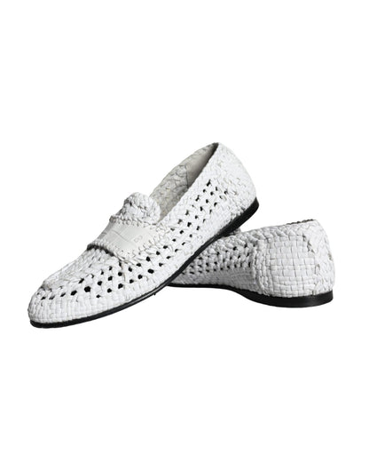Dolce & Gabbana White Woven Leather Slip On Loafers Men Shoes - SMARTMARTNZ