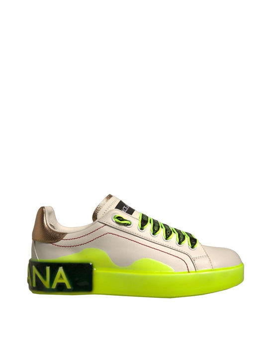 Dolce & Gabbana White Yellow Portofino Leather Sneakers Shoes - SMARTMARTNZ
