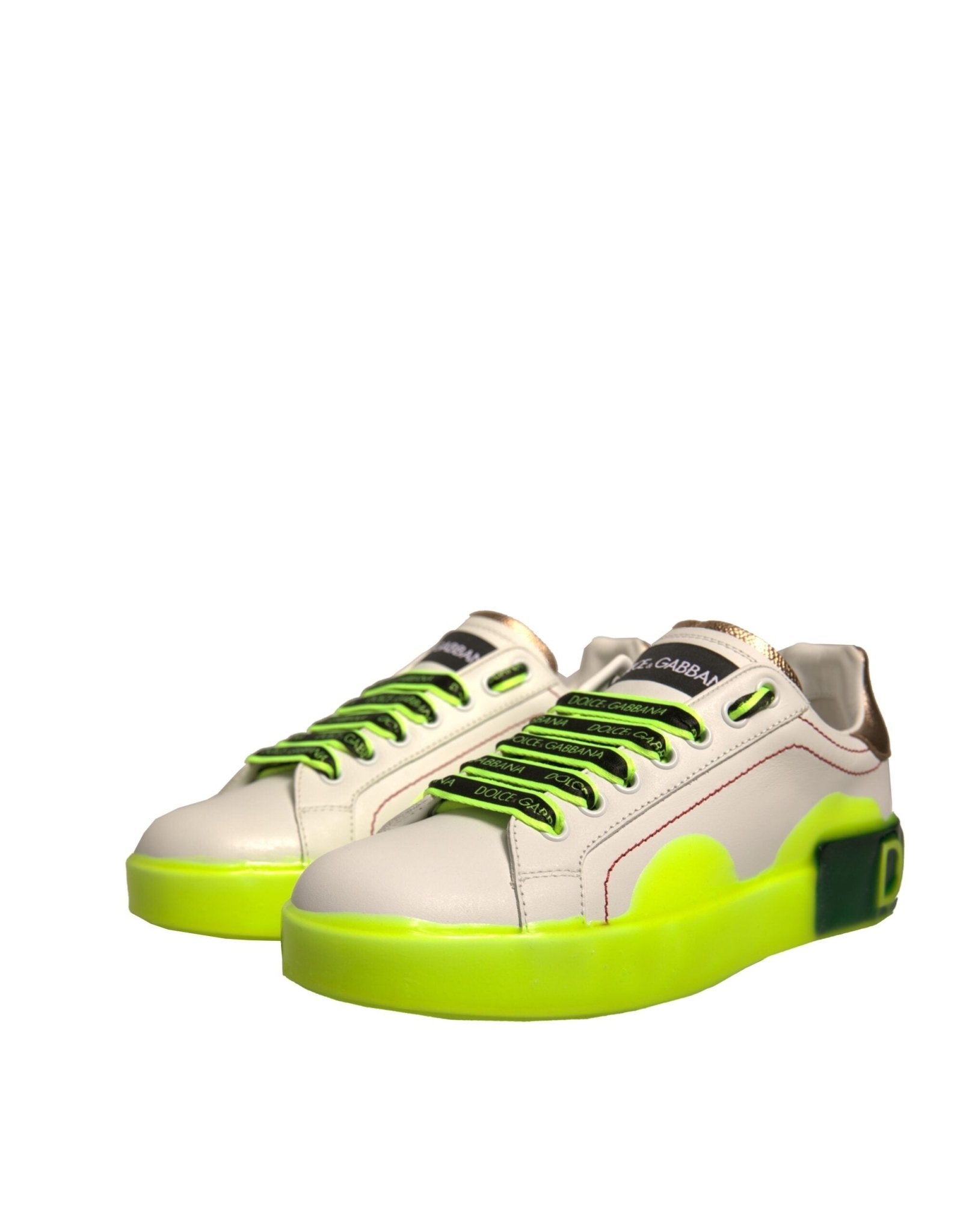 Dolce & Gabbana White Yellow Portofino Leather Sneakers Shoes - SMARTMARTNZ