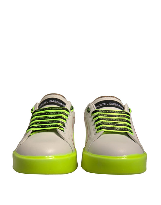 Dolce & Gabbana White Yellow Portofino Leather Sneakers Shoes - SMARTMARTNZ