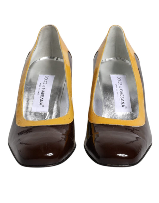 Dolce & Gabbana Yellow Brown Leather Block Heel Pumps Shoes - SMARTMARTNZ