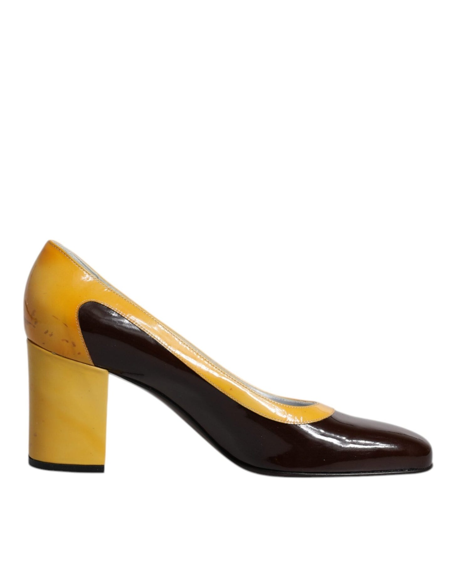 Dolce & Gabbana Yellow Brown Leather Block Heel Pumps Shoes - SMARTMARTNZ