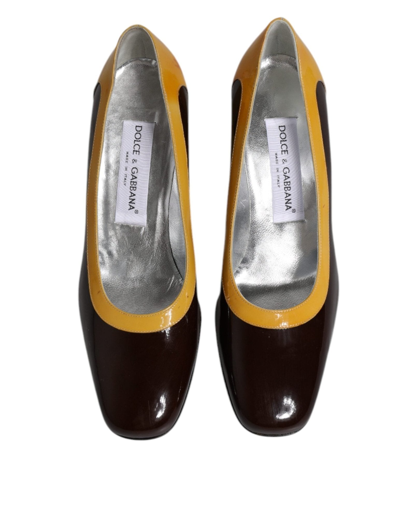 Dolce & Gabbana Yellow Brown Leather Block Heel Pumps Shoes - SMARTMARTNZ