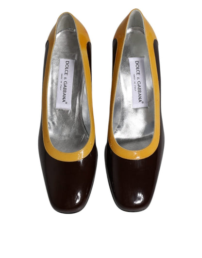 Dolce & Gabbana Yellow Brown Leather Block Heel Pumps Shoes - SMARTMARTNZ