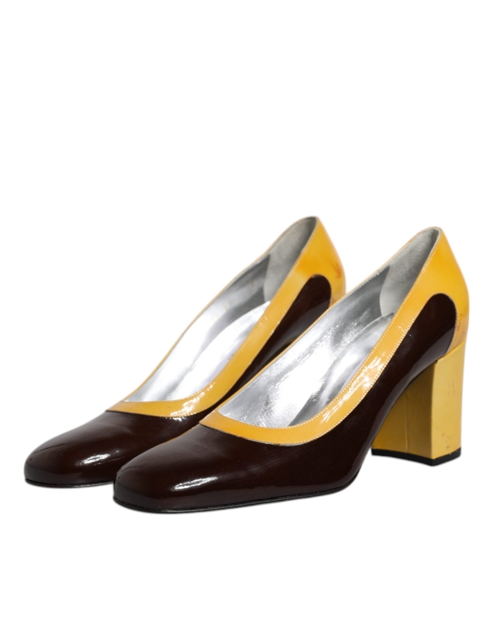 Dolce & Gabbana Yellow Brown Leather Block Heel Pumps Shoes - SMARTMARTNZ