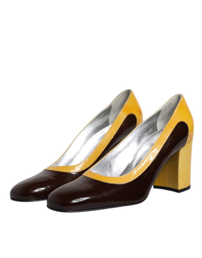 Dolce & Gabbana Yellow Brown Leather Block Heel Pumps Shoes - SMARTMARTNZ