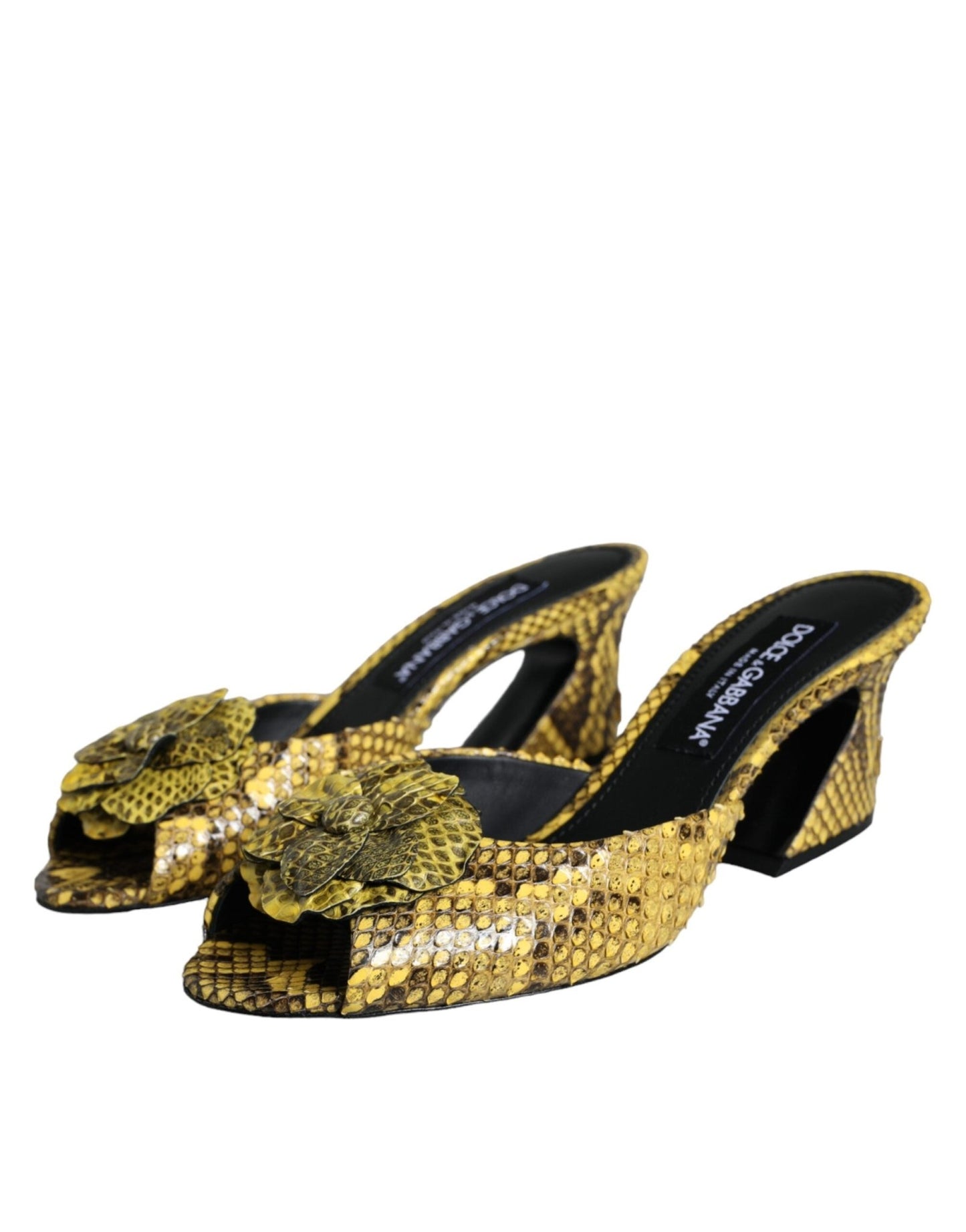 Dolce & Gabbana Yellow Leather Block Heels Slides Shoes - SMARTMARTNZ