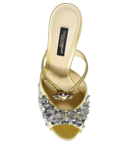 Dolce & Gabbana Yellow Mary Janes Satin Crystal Sandals Shoes - SMARTMARTNZ