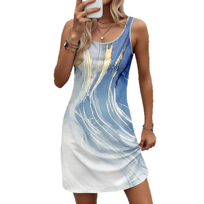 Water Ripple Printed Crew Neck Casual Vest Dress
