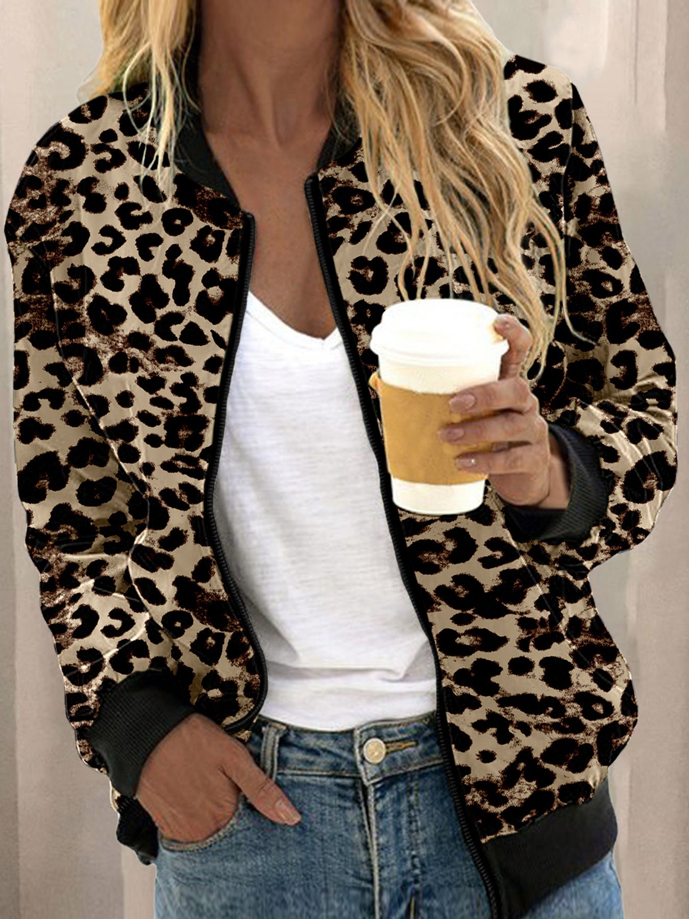Leopard Print Stand Collar Cardigan Zipper Coat