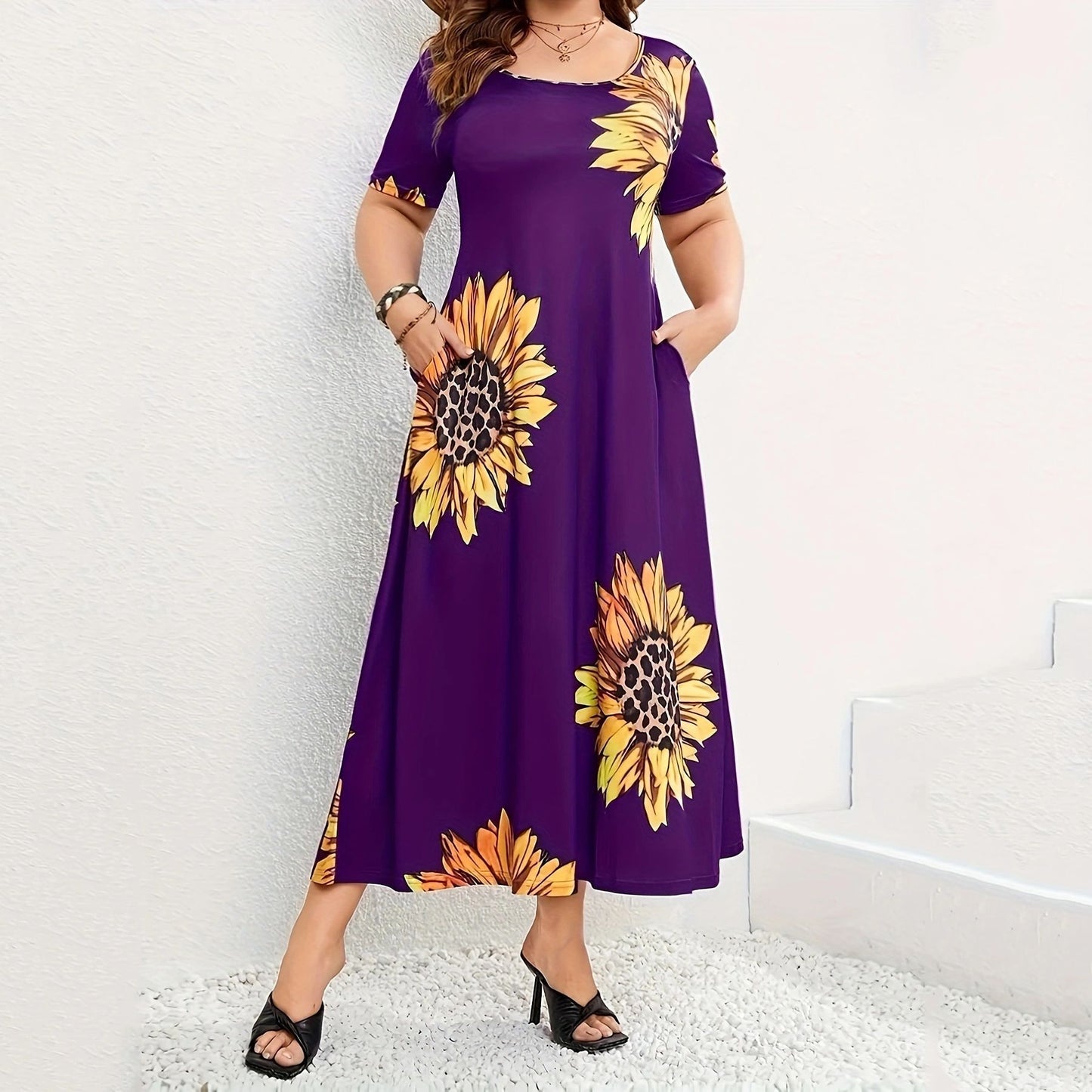 Sunflower Print Loose Short Sleeve Dress