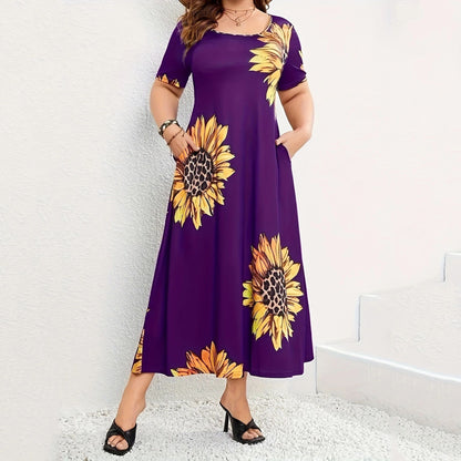 Sunflower Print Loose Short Sleeve Dress