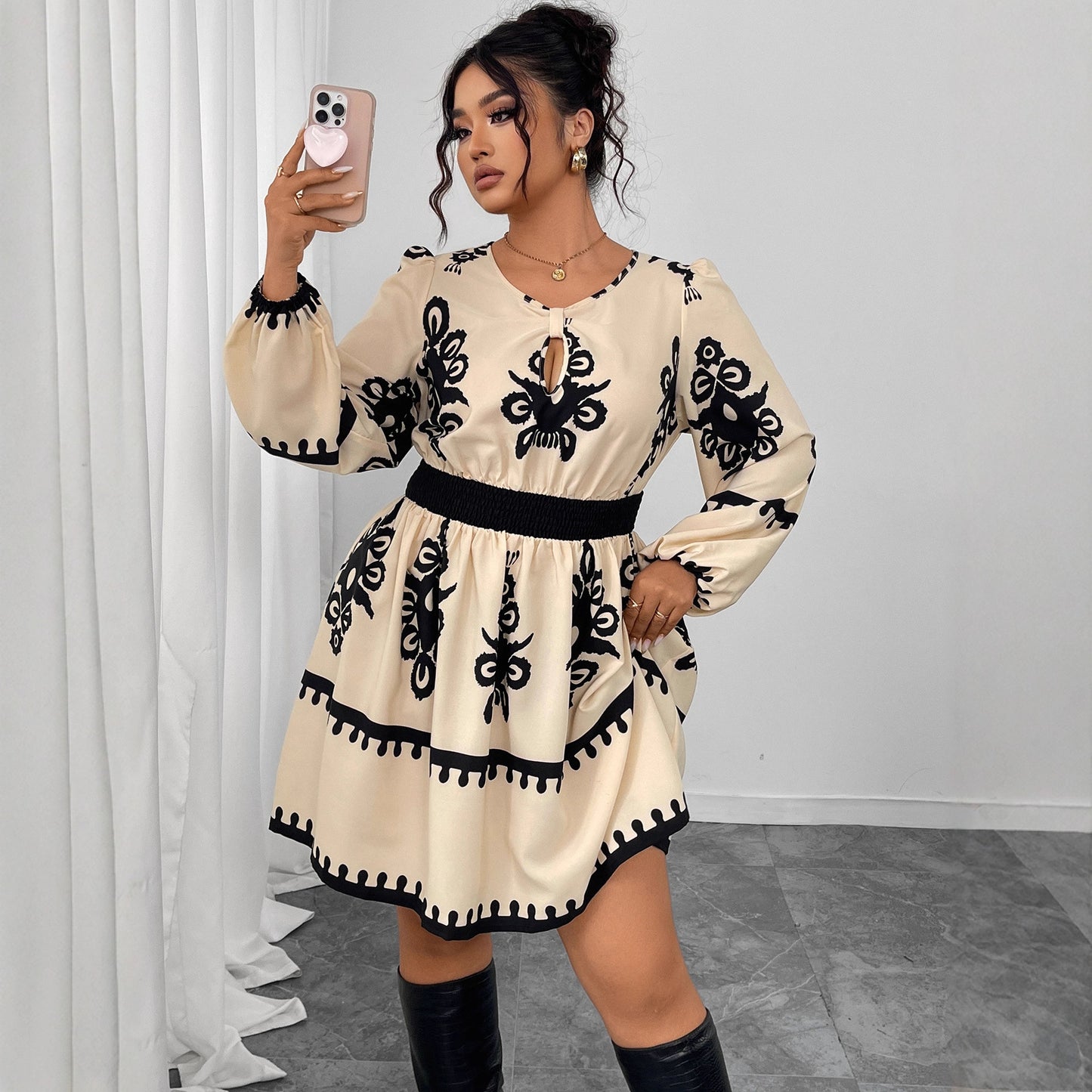 Fashion Round Neck Puff Sleeve Printing Dress Women