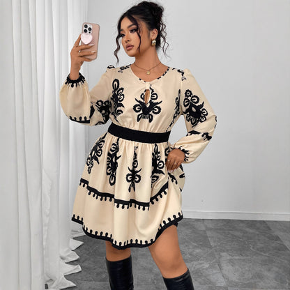 Fashion Round Neck Puff Sleeve Printing Dress Women