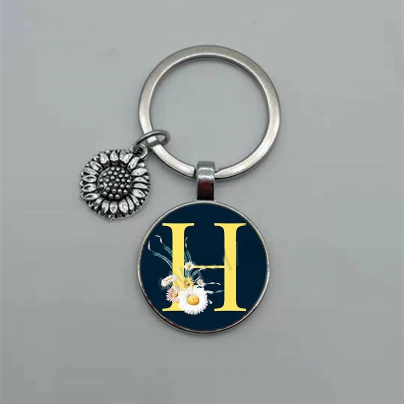 Fashion Jewelry Dome Glass Metal Keychain – 26 English Alphabet A–Z Sunflower Pendant - SMARTMARTNZ